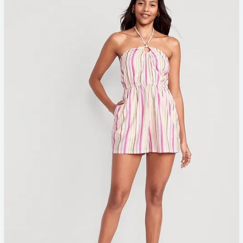 Old Navy Strapless Pink and White Striped Romper